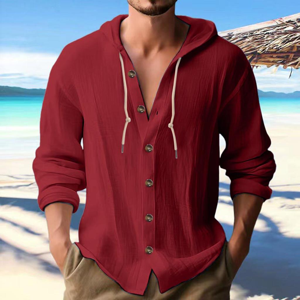 Mens Fashion Casual Solid Color Simple Casual Button Hooded Shirt Top Casual Commuting Short Sleeved Shirt