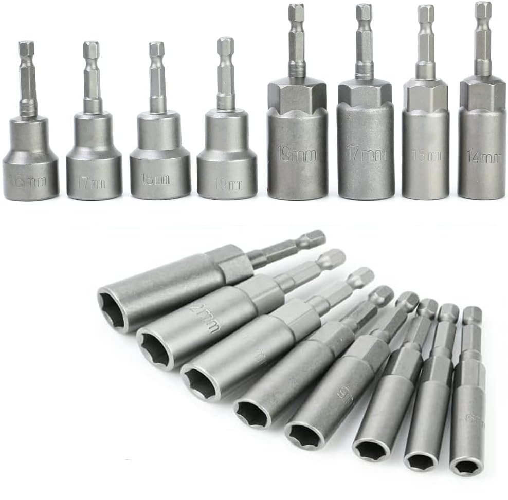 Set of 14 Socket Bits for Impact Socket Hex Socket Bits Drivers, Adapter, 6-19mm, 6.35mm Adapter, Shank,