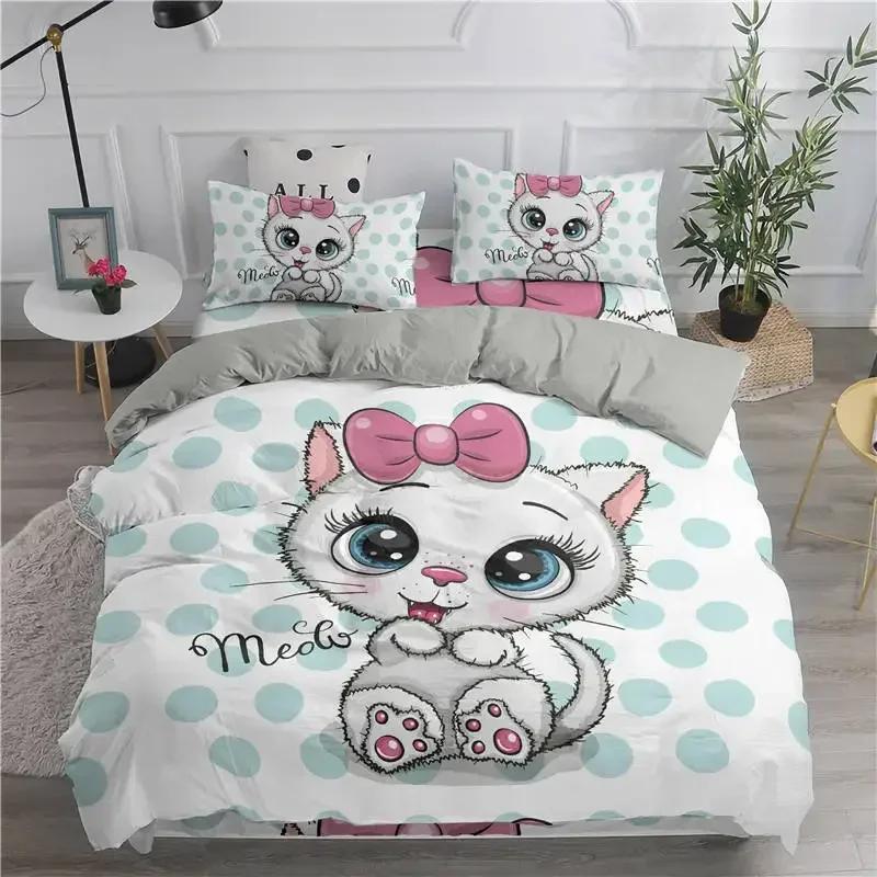 Juego de Ropa de Cama de Dibujos Animados Gatos Lindos Cómoda Funda Nórdica Funda de Almohada Juego de Cama Decoración Habitación Infantil Textiles para el Hogar