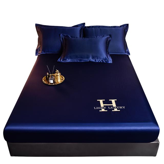 Атласная шелковая простыня, сплошной цвет, эластичное моющееся покрывало, прохладный летний наматрасник, домашний декор для спальни 200x220cm синий