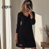 Comfortable Daily Dress Cowl Neck Knit for Women, Long Sleeve Ribbed Stylish Casual Women Mini Sweater Dress, Fall Spring Outfits Beach