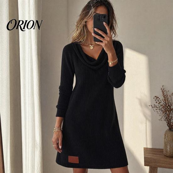 Comfortable Daily Dress Cowl Neck Knit for Women, Long Sleeve Ribbed Stylish Casual Women Mini Sweater Dress, Fall Spring Outfits Beach