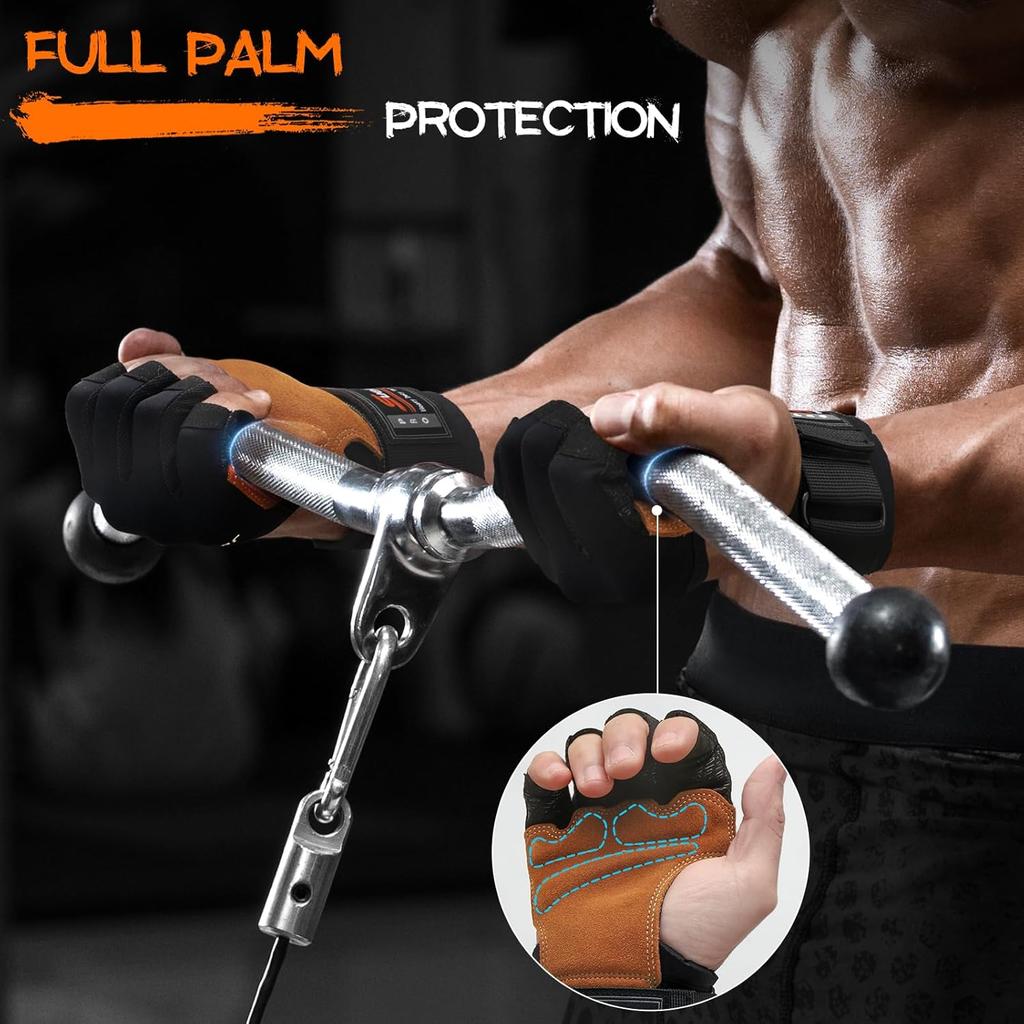 Workout Gloves, Heavy Duty Cowhide Padded Weight Lifting Gloves with Wrist Support, Full Palm Protection & Silicone Grips Gym for Weightlifting