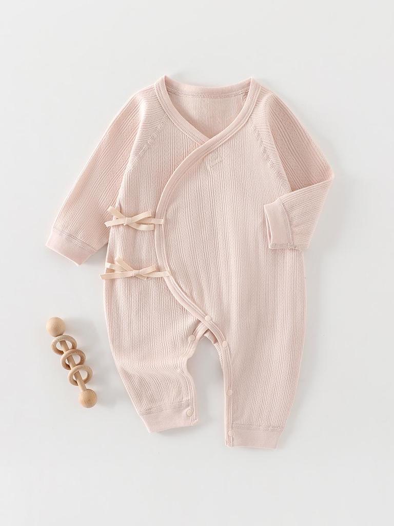 Pure Cotton Long-Sleeve Butterfly Bodysuit for Infants and Toddlers - Belly Protection, Lace-Up Design, One-Piece Home Wear, Spring
