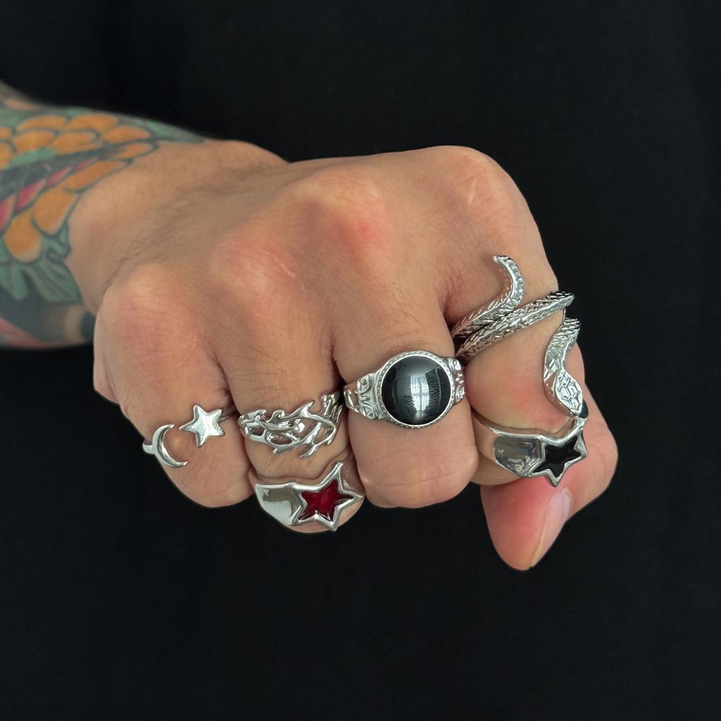 Ingemark 6 Pcs/Set Punk Hip Hop Irregular Star Cross Adjustable Rings Men Creative Silver Color Open Finger Rings Street Jewely