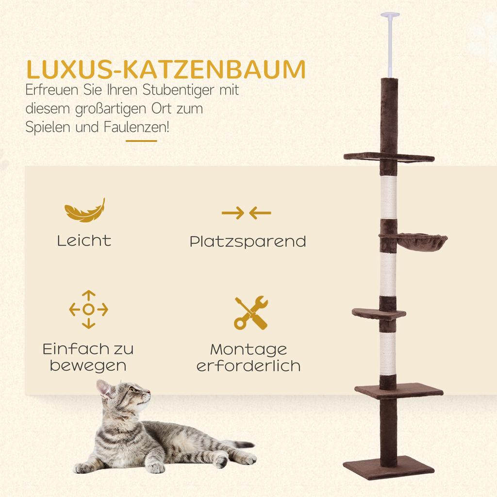 Floor To Ceiling Cat Tree 230-260cm Height Adjustable, 5-Tier Cat Tower with Scratching Posts, Hammock, Perches