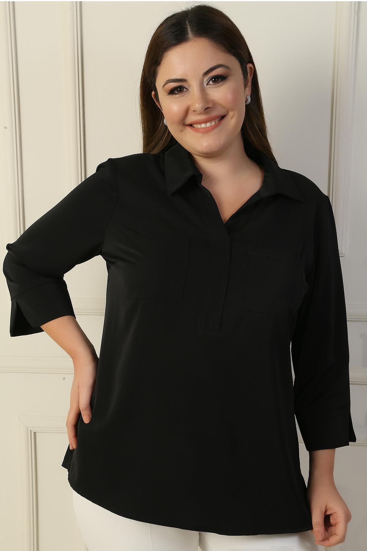 

Воротник-поло, карман, рукав четверть, BB. Блузка 3XL чёрный