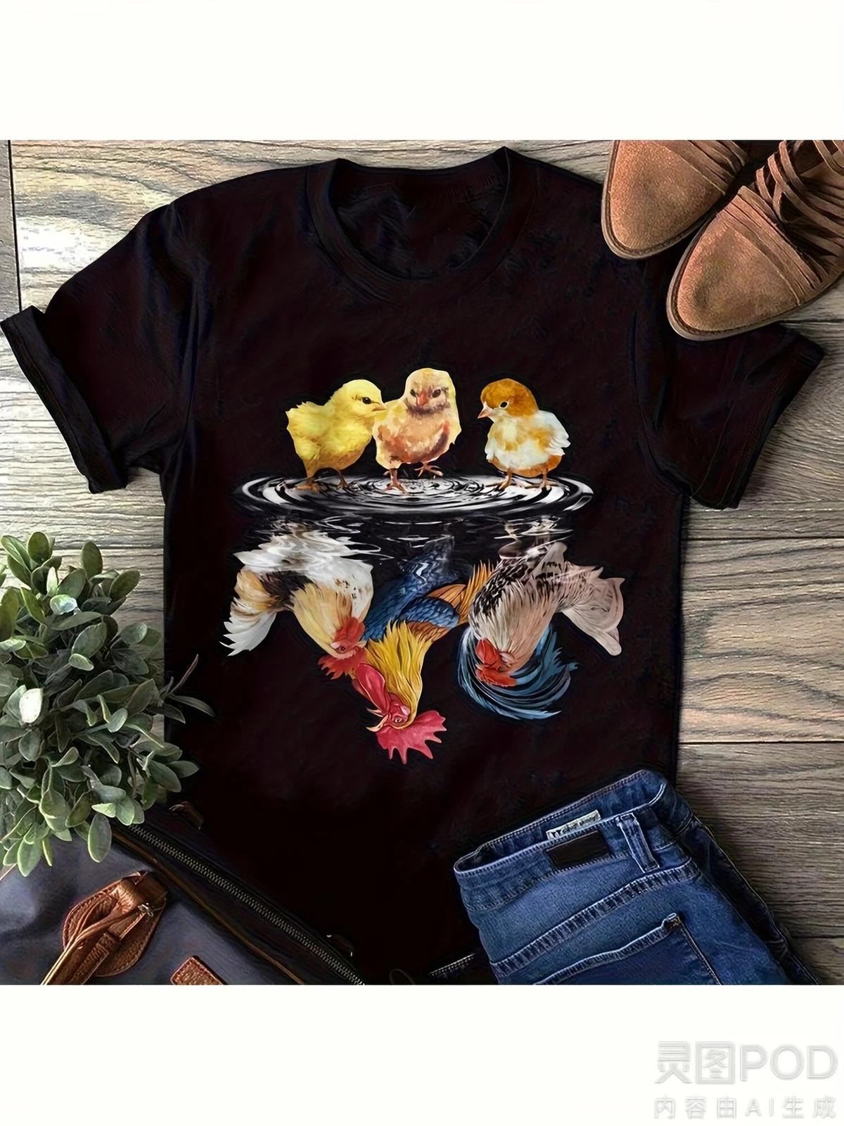 Plus Size Chicken Graphic T-Shirt - Vibrant Colorful Chicken Print with Rooster XXXL