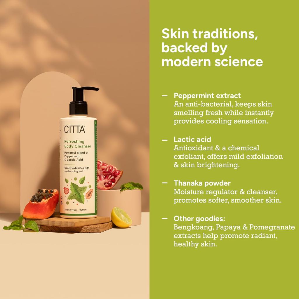 CITTA Refreshing Body Cleanser For Men & Women | Gently Buffs Away Dead, Dull Skin | Non-Drying, Nourishing Formula | 200 Ml