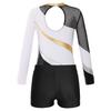 Girls Shiny Rhinestone Dance Leotard Long Sleeve Cutout Back Patchwork Design V Front Waistband Shorts Outfit