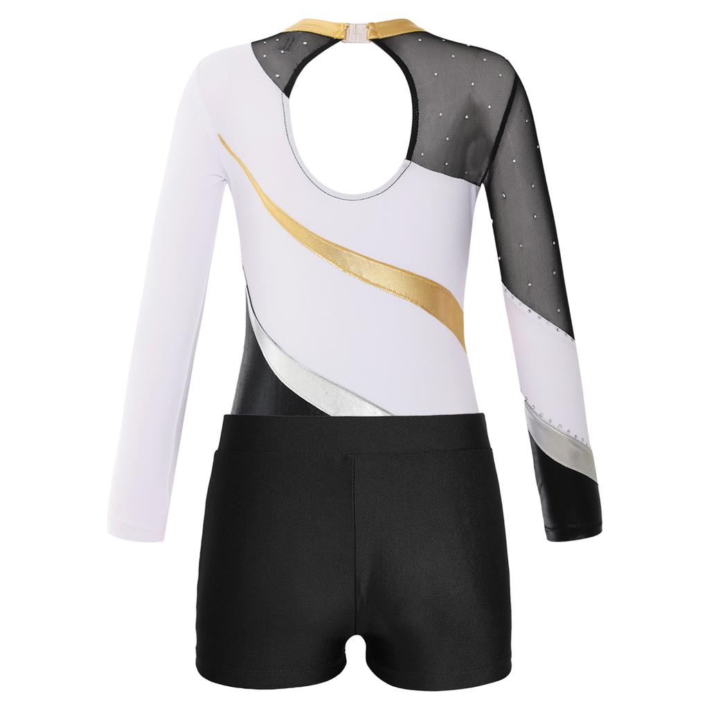 Girls Shiny Rhinestone Dance Leotard Long Sleeve Cutout Back Patchwork Design V Front Waistband Shorts Outfit