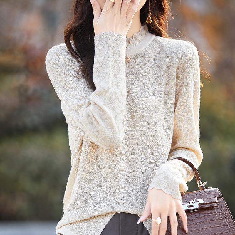 Top nou de primăvară și toamnă cu guler din dantelă la jumătate de înălțime, la modă, versatil, cu mânecă lungă, cămașă de bază