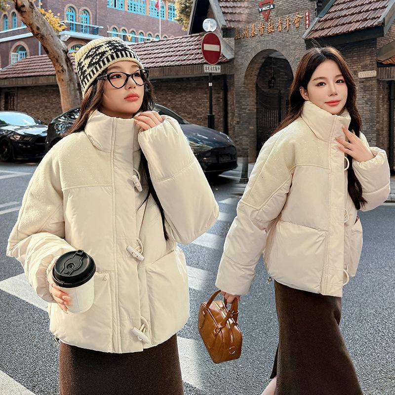 European sequined splicing stand-up collar short cotton jacket horn buckle 2025 winter new small warm cotton coat