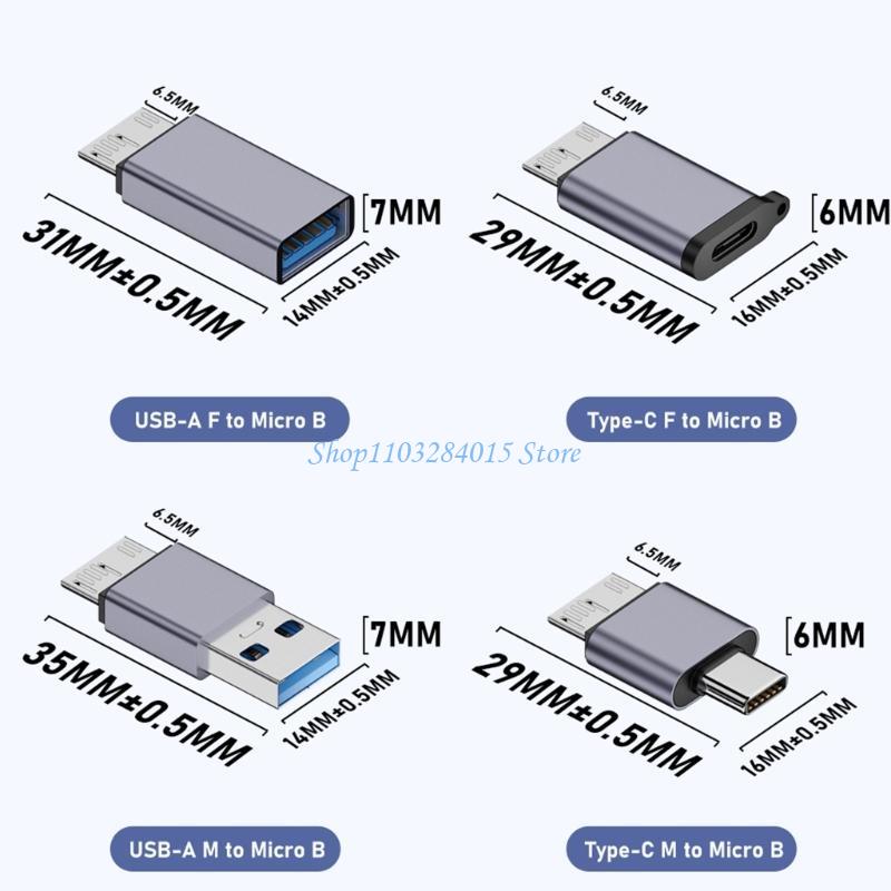 R6FF Aluminum Alloy Type C/USB to MicroB Converter 10Gbps Data Sync Cable for Phones External Hard Disk Drives