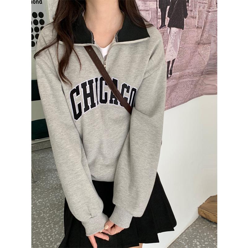 

Худи женское Цепочка поставок Корейское Свободное Средней длины Флис Воротник поло Застежка-молния Худи Женское Трендовое 2XL светло-серый