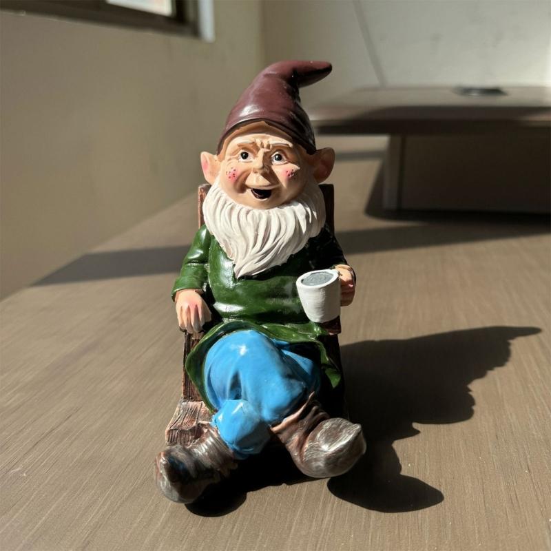 Swing Chair Gnome Statue Miniature Garden Decors Outdoor Landscape Dwarfs Drink Coffee Sculpture for Yard Lawn