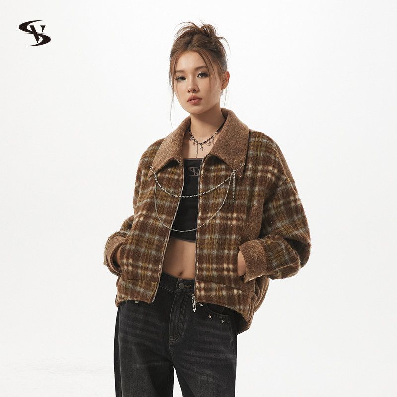 Vone Sheee American Retro Casual Loose Top Fleece-Lined Plaid Short Woolen Jacket for Women Early Autumn and Winter