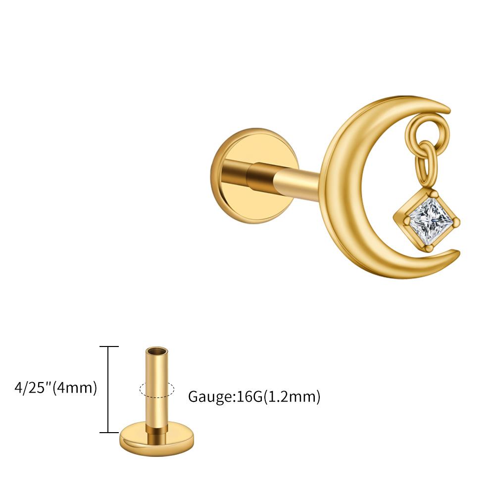 Right Grand ASTM F136 Titanium 16G CZ Moon Cartilage Earring Tiny Crescent Moon CZ Dangle Helix Tragus Conch Stud Ear Piercing