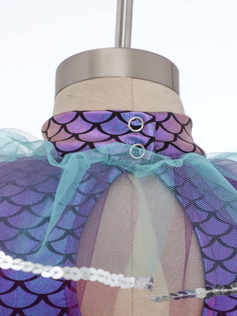 Ensemble Short et Crop Top Mailles Sequins Imprimé Écailles de Poisson Manches Longues Costume Cosplay Sirène pour Filles