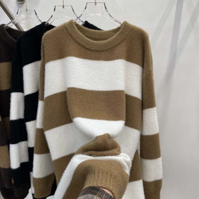 

Свитер для женщин Осень Зима Утолщенный Полосатый Теплый Вязаный Эластичный С Длинным Рукавом Топы XXL дубильная кора