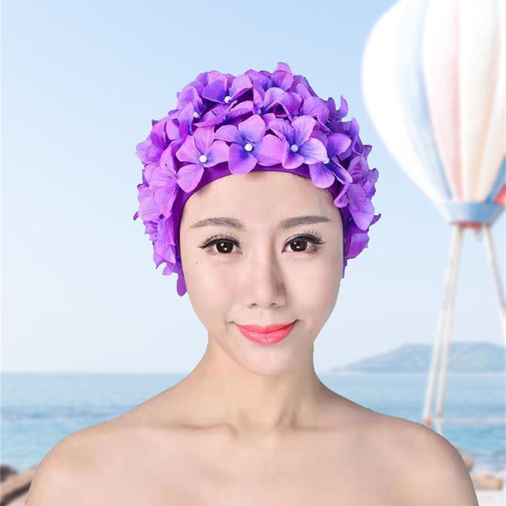 Women's Pleated Flower Swimming Cap Free Size Soft Long Hair Breathable Shower Cap Beach Surfing Protect Ears Elastic Caps Cozy