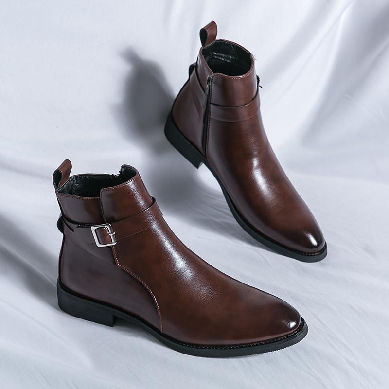 Fashion Winter New Men Pointed Brown Black Chelsea Ankle Boots British Designer Casual High Tops Punk Rock Shoes Comfortable