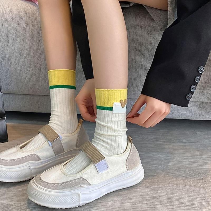 Japanese Style Women Y2K Girl Cotton Crew Socks Harajuku Sweet Love Label Colorblock Ribbed Knit Middle Tube Calf Socks