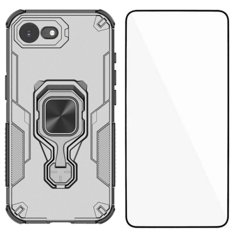 For iPhone 16e Phone Case WANLONFENG PC TPU Back Cover Kickstand with Tempered Glass