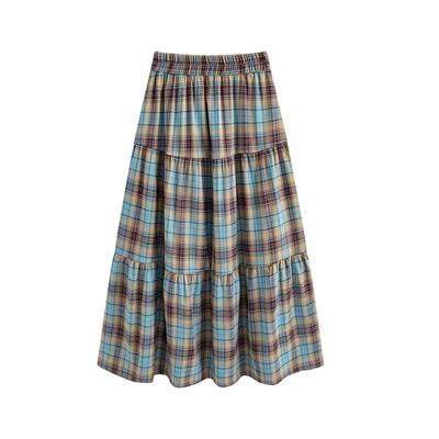 Blue Plaid Skirt for Women In Spring and Autumn New High-waisted Slim A-line Skirt Mid-length Fluffy Cake Skirt