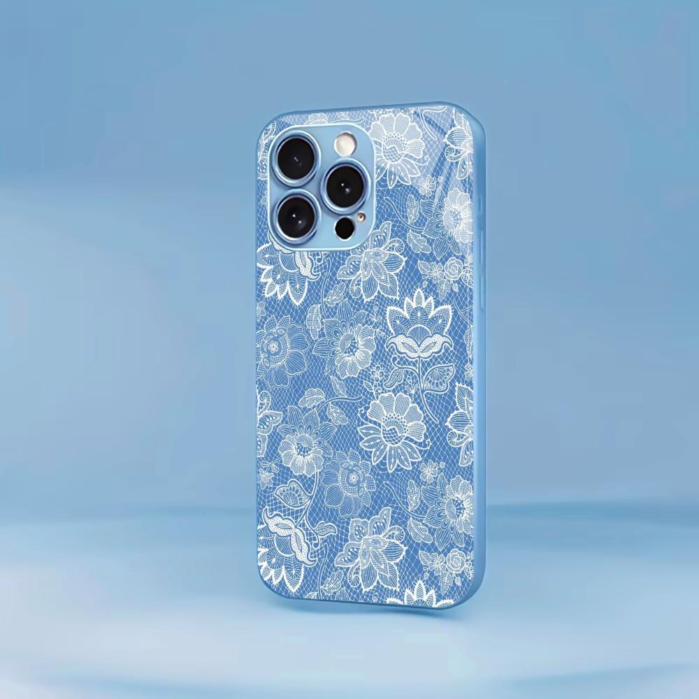 Light Blue White Lace phone case for iphone 17 case for iphone 17 pro max cover Glass for iPhone 17 16 15 14 13 12pm Pro Plus