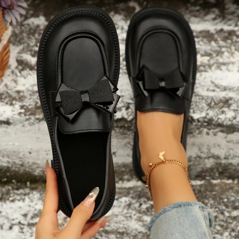 Mocasines de Plataforma con Lazo Primavera 2025 Mujer Cuero Negro Slip On Zapatos Planos Estilo Universitario Suela Gruesa Zapatos de Vestir Talla