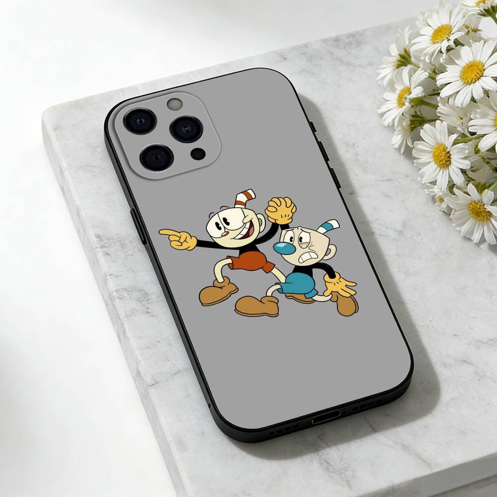 Cute CupHead And MugMan Phone Case For iPhone 17,16,15,14,13,12,11 Plus,Pro Max,SE4Soft Silicone Black Cover iPhone16e
