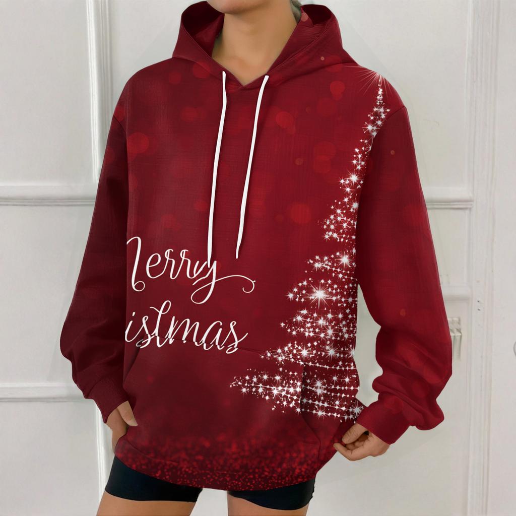 Women's Fashion Sweatshirt Christmas Print Casual Hooded Sweatshirt With Pockets