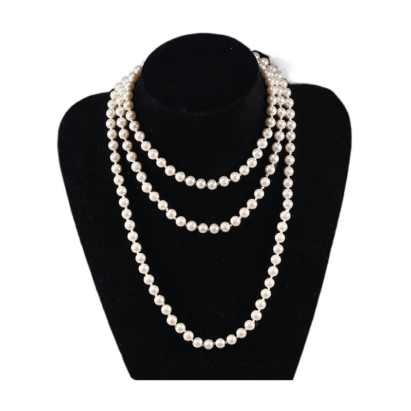 8Mm glass imitation pearl necklace women's simple knotted multi-layer long sweater chain clothing accessories