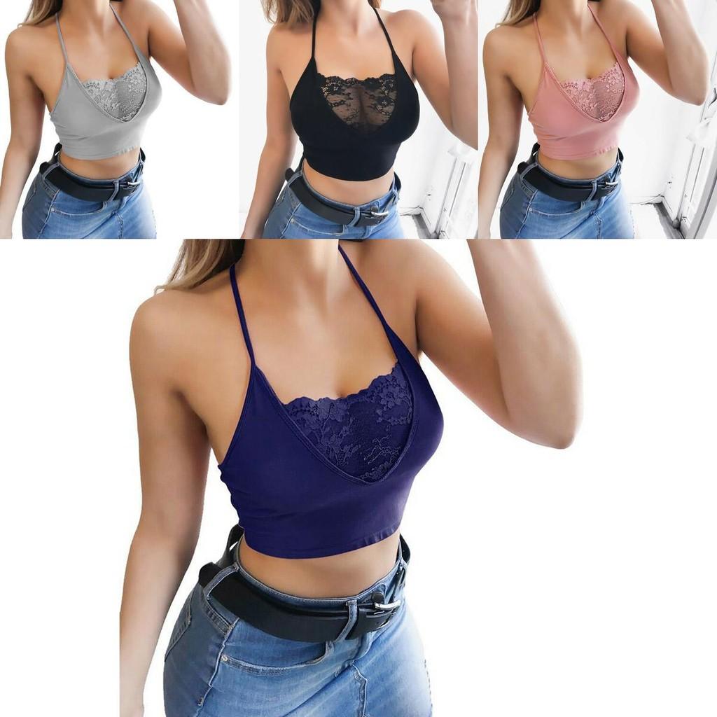 Elegant Womens Sexy Spaghetti Strap Cross Back Lace Crop Top For Clubwear