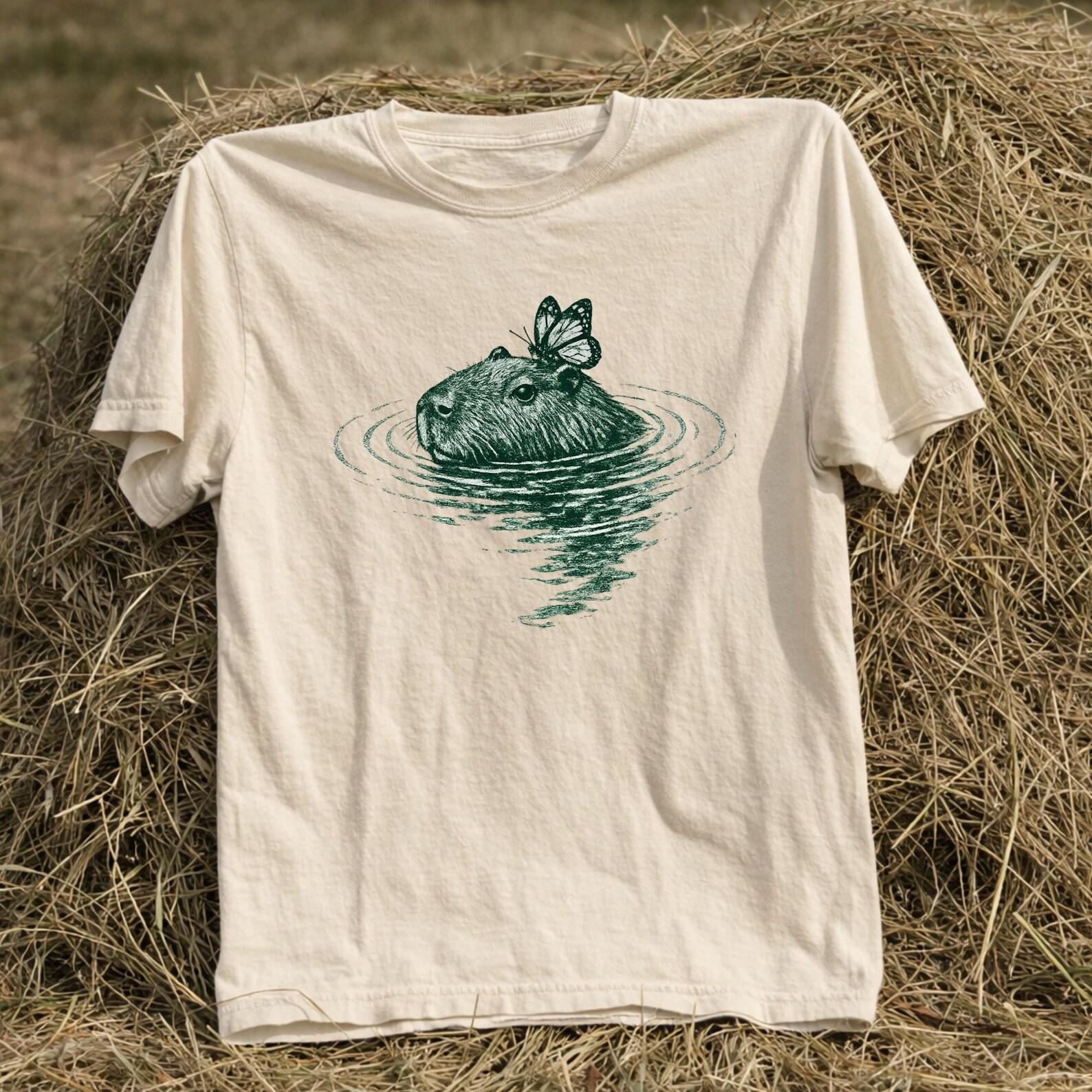 Stylish Capybara Butterfly Shirt, Cute Capybara in Water Tee, Nature Animal Shirt, Cottagecore Capybara, Aesthetic Wildlife Graphic Tee. 3XL