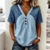 Top da Donna Scollo a V Manica Corta Patchwork di Denim Vestibilità Larga T-shirt Casual Dettaglio Bottoni Camicetta Estiva