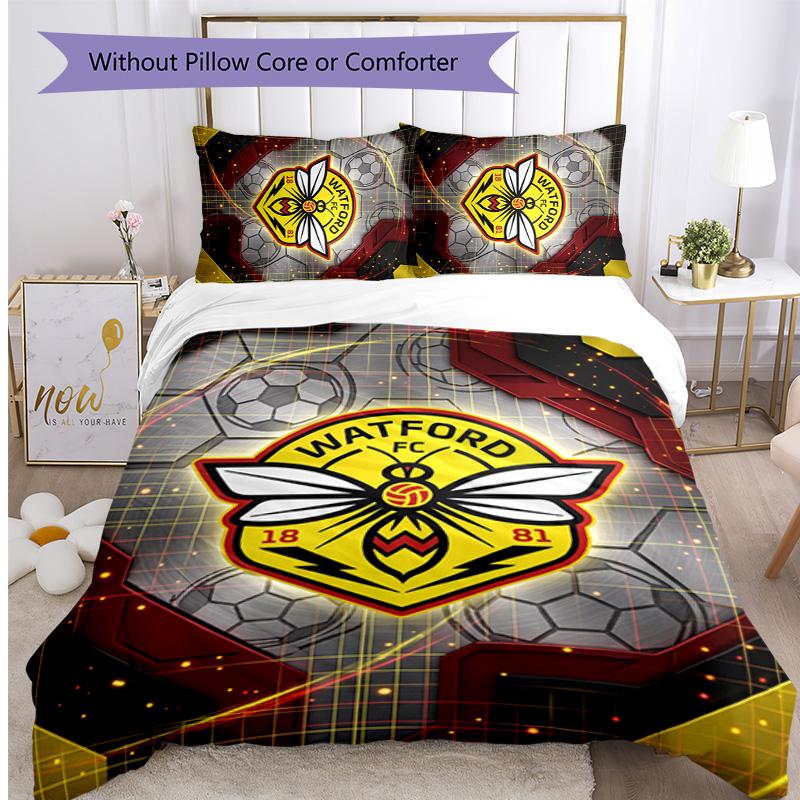 Watford Football Printed 3 Pieces Bedding Set, Comfortable Skin Friendly Bedroom Duvet Cover Set