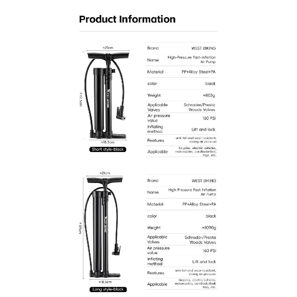 WEST BIKING Bicycle Pump 160PSI High Pressure Floor Pump Fast Inflation Blast Pump With Pressure Gauge MTB Road Bike Accessories