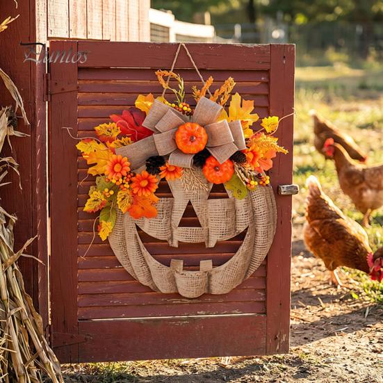 Illuminated Pumpkin Garland with Lights Wooden Halloween Door Sign LED Lights, Artificial Floral Hanging Burlap Wreath Berries Ornament for