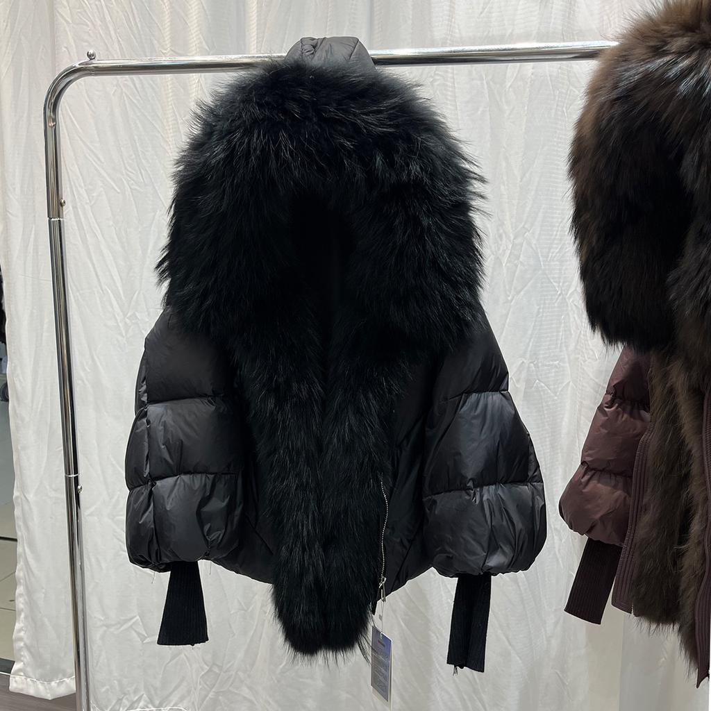 European winter new natural big fur collar hooded down jacket women's short fashion thickened warm fur jacket