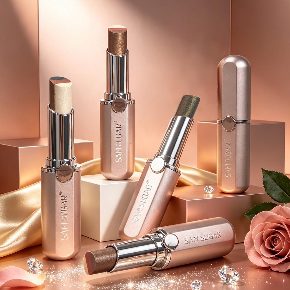 SAM SUGAR Stick Ombretto Cremoso Tricolore Cambiamento Graduale Highlighter e Blush Scintillante Non Disturbante Impermeabile