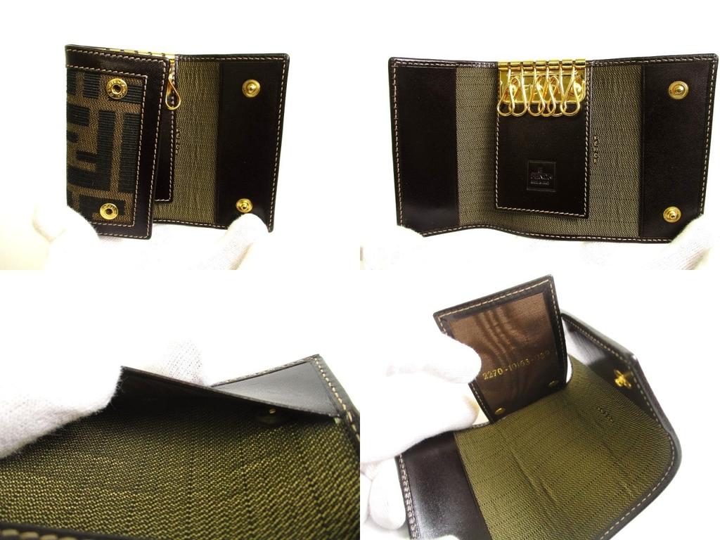 Authentischer FENDI Zucca Khaki Canvas Dunkelbraunes Leder 6er Schlüsselanhänger #a969 Geöffnete Schachtel