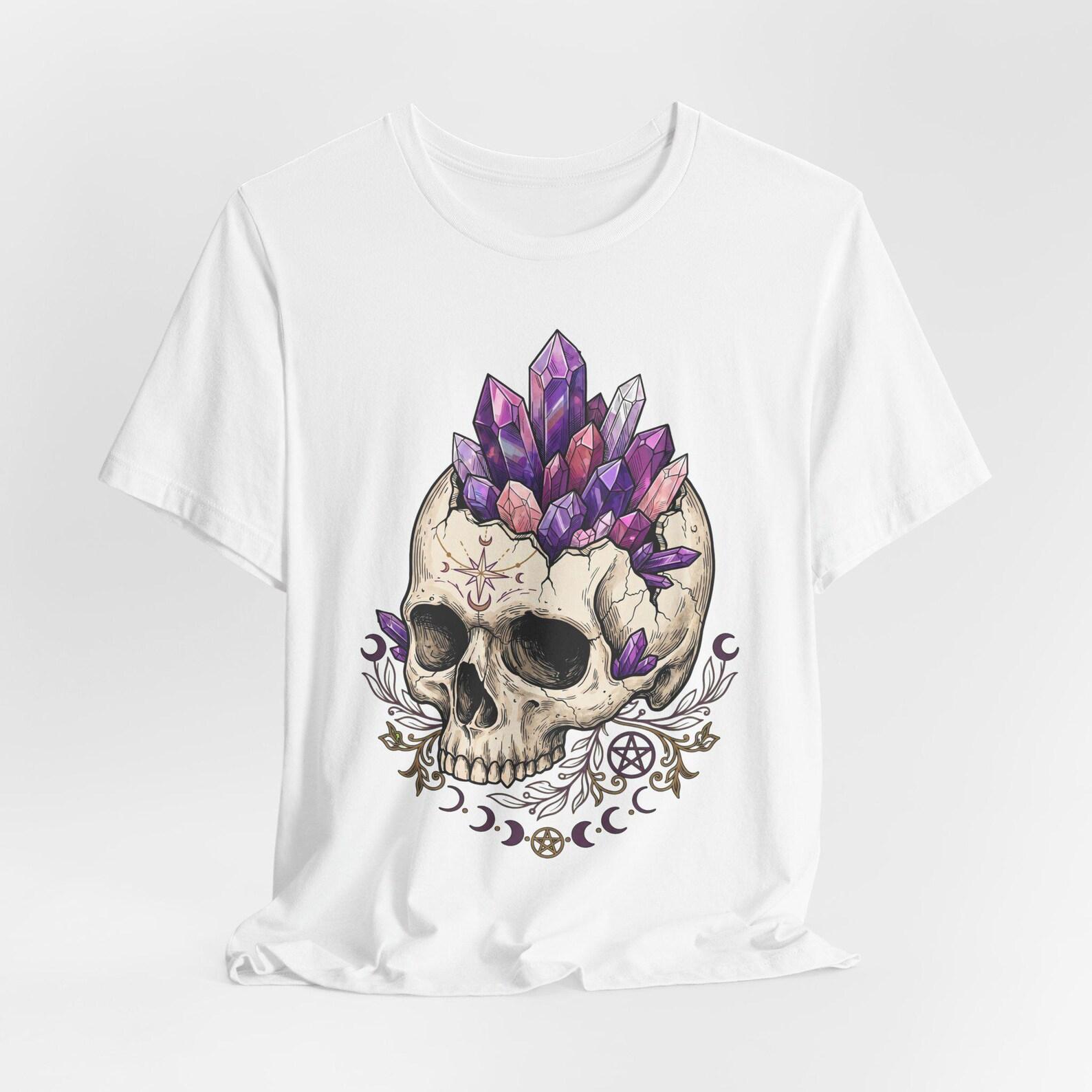 Amethyst Crystal Skull T-Shirt | Hand-Drawn Gothic Tee, Purple Crystal Artwork 3XL
