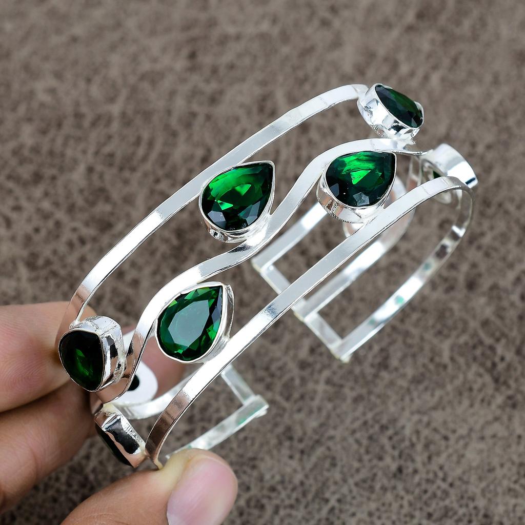 Chrome Diopside Gemstone 925 Sterling Silver Cuff Bangle Adjustable KKG-200