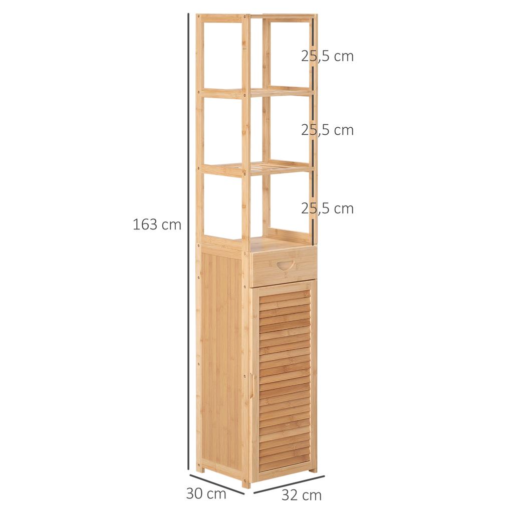 Bathroom Shelf, 3 Open Compartments, Drawer, Louvered Door, Bamboo, 32 x 30 x 163 cm