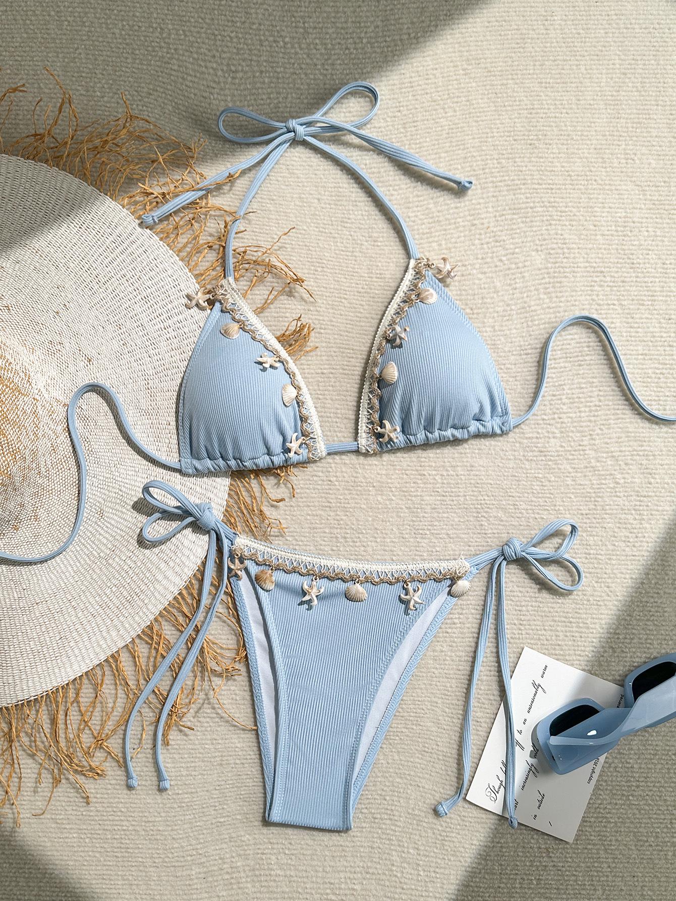 

Женский купальник-ракушка 2024: Сексуальный купальник с треугольными чашками, завязками на шее и шнуровкой Large синий