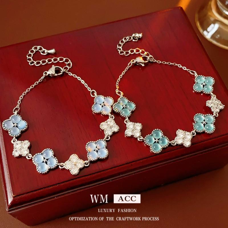 Elegant Floral Zircon Charm Bracelet Women Dainty Blue Green Copper Chain Lightweight Luxury Style 2025