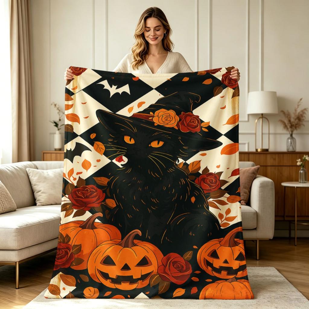 Soft Warm Flannel Blanket Halloween Black Cat Pumpkin Bat Rose Print All Season Cozy Throw Blanket for Sofa Couch Bed Living Room Office Home Decor
