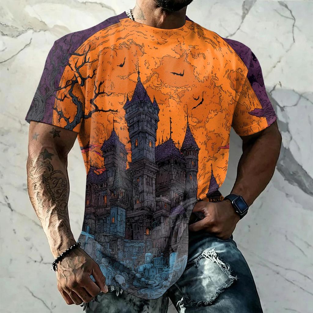Men's Halloween Printed Retro Texture Short Sleeve T-Shirt, Loose Fit Breathable Summer Streetwear Top